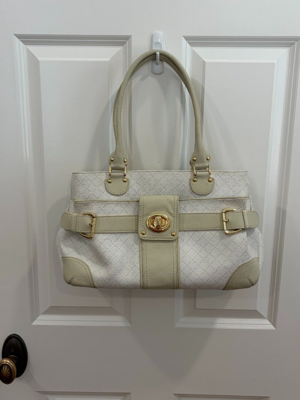 Tour Eiffel Paris White Monogram Tote Shoulder Bag Gold Hardware
